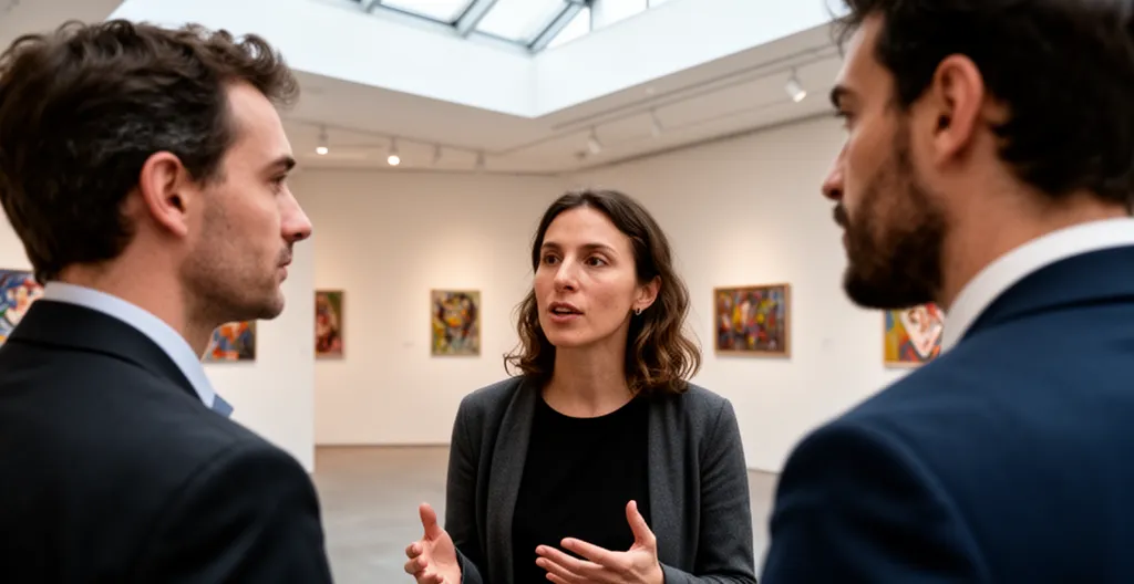 Médiateur culturel présentant une œuvre à un groupe de collaborateurs en séminaire